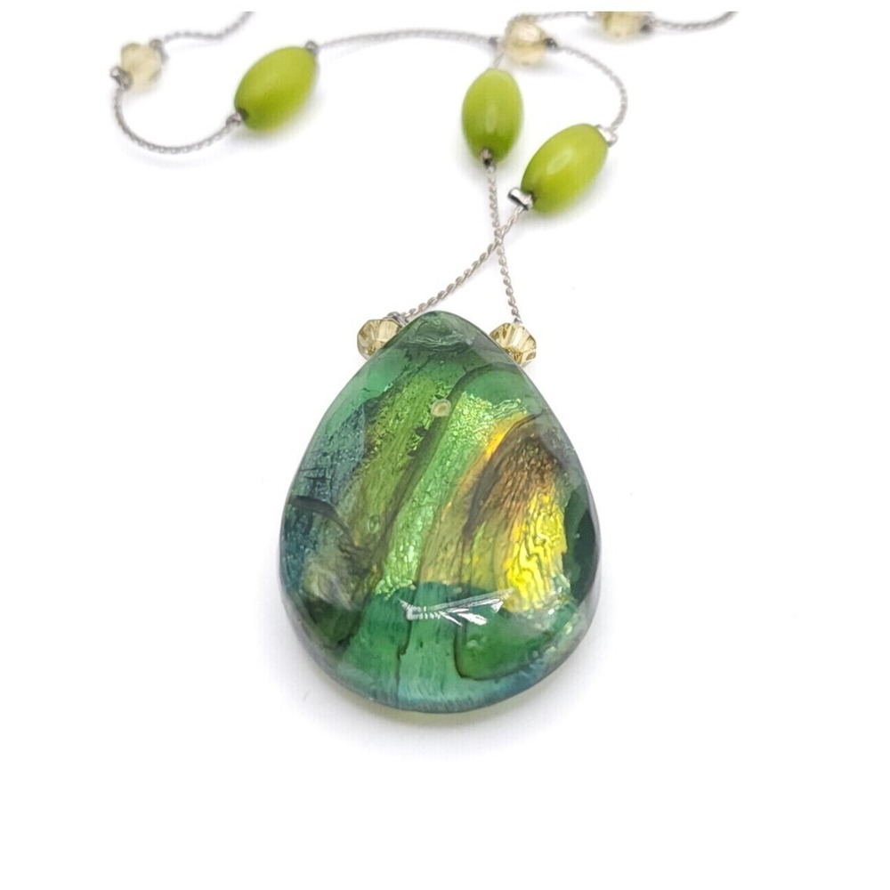 Liz Claiborne Green Cat Eye Necklace Teardrop Silver Beaded - Picture 6 of 6